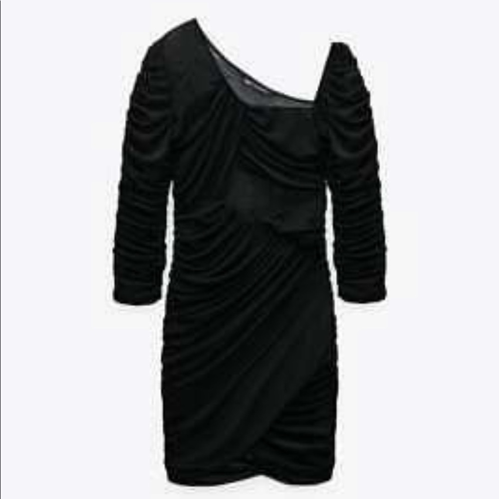 ZARA Draped Ruched Sheer Mini Dress in Black SZ L - Picture 6 of 11